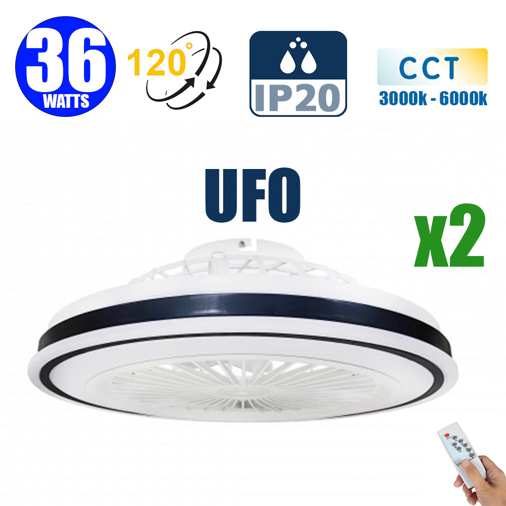 Pack de 2x Ventilateurs de plafond LED filaires - Série FRESH - Version OVNI - 36 Watts - 2880 Lumens - 80 Lumens/watt - CCT (Couleur Changeante en Température) 3000k/4000k/6000k - IP20 - Angle 120° -  48 x 17 x 7 - Modèle Noir - Avec télécommande