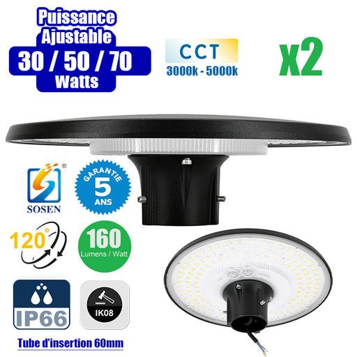 Pack de 2x Lampes de jardin et parking filaires - Série GARDIENNA - CCT (Couleur Changeante en Température) - Puissance Ajustable 30 / 50 / 70 Watts - Jusqu'à 10 800 Lumens - IP66 - IK08 - Angle 120° - Tube d'insertion 60mm - Couleur NOIR - Garantie 5 ans