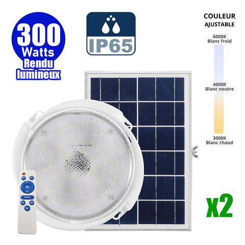 Pack de 2x Plafonniers LED Solaires CCT (Couleur Changeante en Température ) - Rendu lumineux 300 Watts - 1600 Lumens - Série HOME 300 – Lampe diamètre 36 cm - Panneau solaire 58 x 35 x 2cm - IP65 - Avec télécommande multifonctions