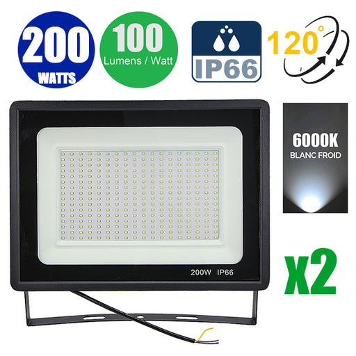 Pack de 2x Projecteurs LED filaires - 200 Watts - 20 000 Lumens - 100 Lumens/Watt - Angle 120° - IP66 - 340 x 245 x 35 mm - Modèle Noir - 6000k