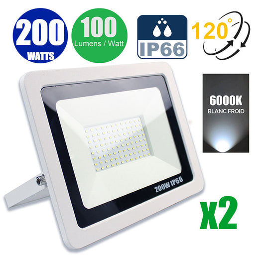 Pack de 2x Projecteurs LED filaires - 200 Watts - 20 000 Lumens - 100 Lumens/Watt - Angle 120° - IP66 - 340 x 245 x 35 mm - Modèle Blanc - 6000k