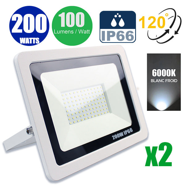 Pack de 2x Projecteurs LED filaires - 200 Watts - 20 000 Lumens - 100 Lumens/Watt - Angle 120° - IP66 - 340 x 245 x 35 mm - Modèle Blanc - 6000k