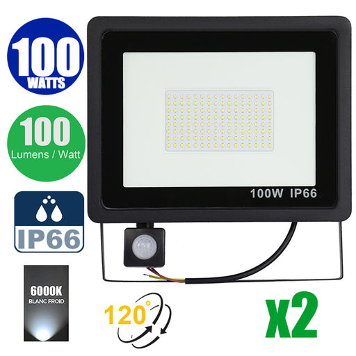 Pack de 2x Projecteurs LED filaires - Série PAD PIR - 100 Watts - 10 000 Lumens - 100 Lumens/Watt - Angle 120° - IP66 - 24 x 16 x 3 cm - 6000k - Avec détecteur de mouvement Infrarouge