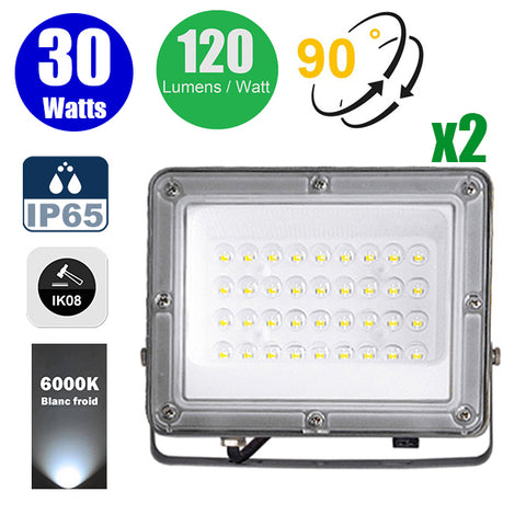 Pack de 2x Projecteurs LED filaires - Série PERLE V2 - 30 Watts - 3600 Lumens - 120 Lumens/Watt - Angle 90° - IP65 - 6000K - 150 x 123 x 25 mm