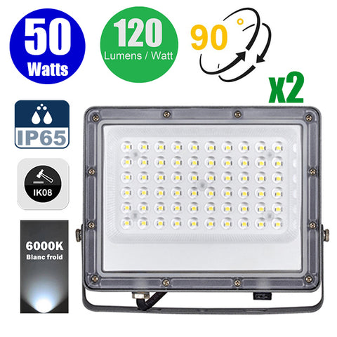 Pack de 2x Projecteurs LED filaires - Série PERLE V2 - 50 Watts - 6000 Lumens - 120 Lumens/Watt - Angle 90° - IP65 - 6000K - 228 x 180 x 25 mm