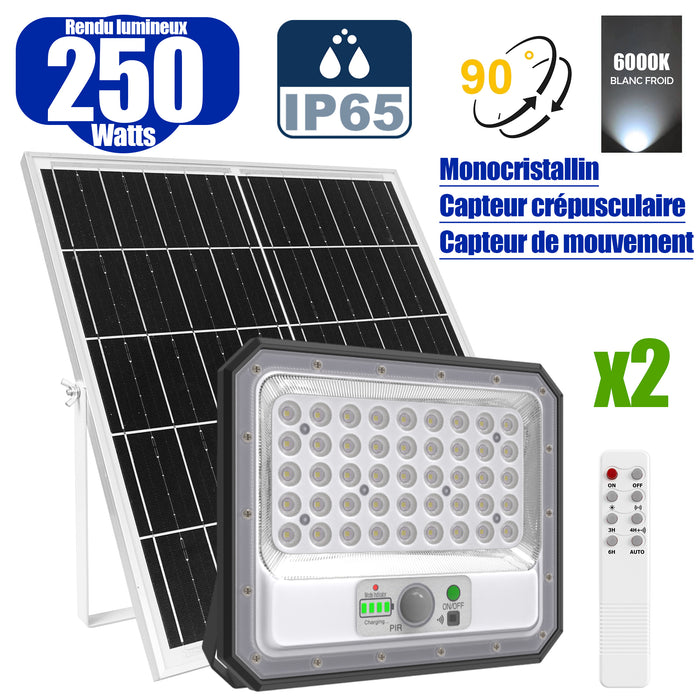 Pack de 2x Projecteurs LED solaires - Série SECURITY V2 - 250 Watts - 1500 Lumens - Angle 90° - IP65 - Lampe 26 x 21 x 4 cm - Panneau solaire MONOCRISTALLIN 30 x 21 x 2 cm - Avec détecteur de mouvement - Avec télécommande - Support ajustable - 6000k