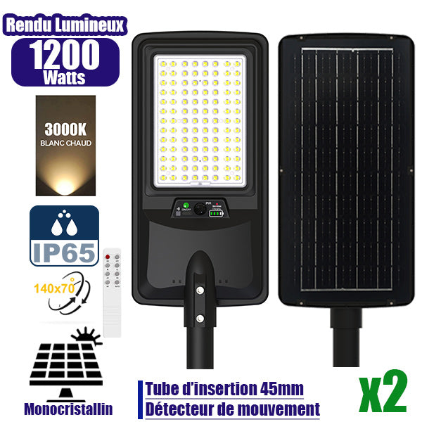 Pack de 2x Lampes de rue LED solaires - Série VIEW V2 EVO - 1200 Watts - 3600 Lumens - 3000k - Angle 140*70° - IP65 - 64 x 26 x 7 cm - Panneau Monocristallin - Batterie 20Ah - Détecteur de mouvement - Télécommande - Tube d'insertion 45mm