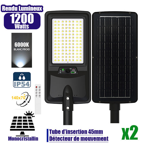 Pack de 2x Lampes de rue LED solaires - Série VIEW V2 EVO - 1200 Watts - 3600 Lumens - 6000k - Angle 140*70° - IP54 - 64 x 26 x 7 cm - Panneau Monocristallin - Batterie 20Ah - Détecteur de mouvement - Télécommande - Tube d'insertion 45mm