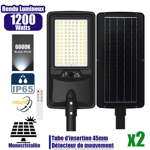 Pack de 2x Lampes de rue LED solaires - Série VIEW V2 EVO - 1200 Watts - 3600 Lumens - 6000k - Angle 140*70° - IP65 - 64 x 26 x 7 cm - Panneau Monocristallin - Batterie 20Ah - Détecteur de mouvement - Télécommande - Tube d'insertion 45mm