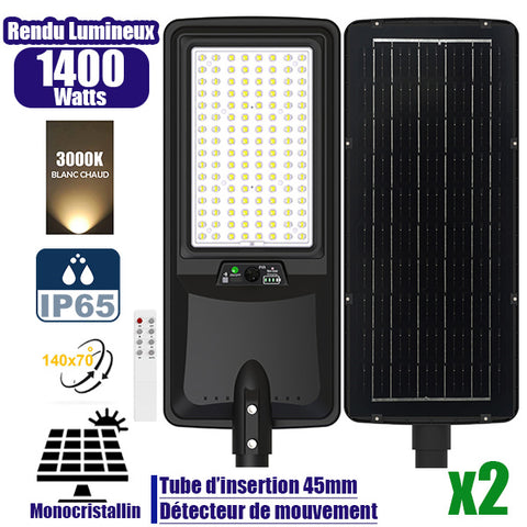 Pack de 2x Lampes de rue LED solaires - Série VIEW V2 EVO - 1400 Watts - 4500 Lumens - 3000k - Angle 140*70° - IP65 - 64 x 26 x 7 cm - Panneau Monocristallin - Batterie 25Ah - Détecteur de mouvement - Télécommande - Tube d'insertion 45mm