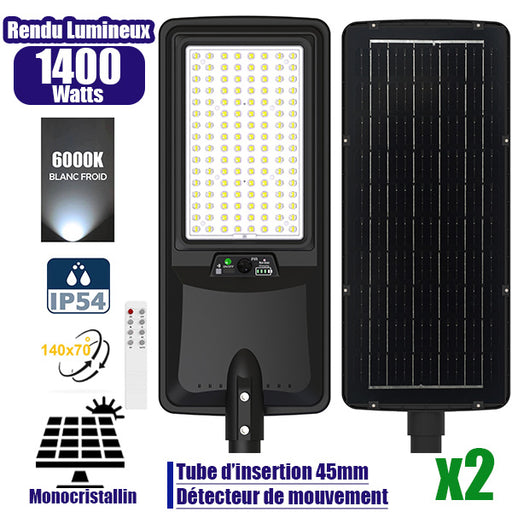Pack de 2x Lampes de rue LED solaires - Série VIEW V2 EVO - 1400 Watts - 4500 Lumens - 6000k - Angle 140*70° - IP54 - 64 x 26 x 7 cm - Panneau Monocristallin - Batterie 25Ah - Détecteur de mouvement - Télécommande - Tube d'insertion 45mm