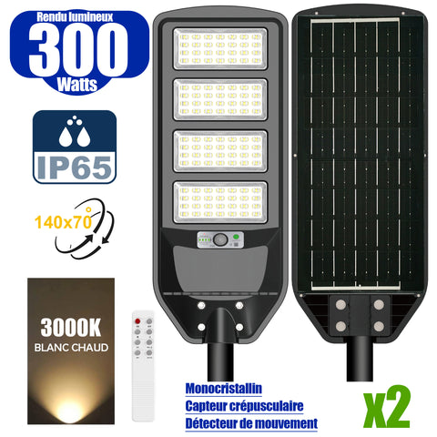 Pack de 2x Solaires - Luminaire LED pour Candélabre / Lampe de rue et parking - Série VIEW V2 - 300 Watts - 2300 Lumens - Angle 140*70° - Lampe 62 x 25 x 5 cm - Panneau MONOCRISTALLIN - 51 x 23 cm - Détecteur de mouvement - 3000k - Tube d'insertion 45mm