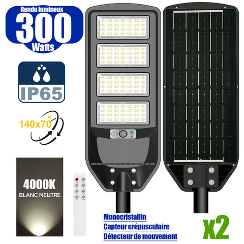 Pack de 2x Solaires - Luminaire LED pour Candélabre / Lampe de rue et parking - Série VIEW V2 - 300 Watts - 2300 Lumens - Angle 140*70° - Lampe 62 x 25 x 5 cm - Panneau MONOCRISTALLIN - 51 x 23 cm - Détecteur de mouvement - 4000k - Tube d'insertion 45mm