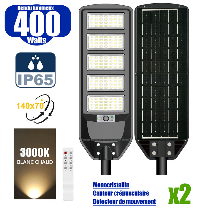 Pack de 2x Solaires - Luminaire LED pour Candélabre / Lampe de rue et parking - Série VIEW V2 - 400 Watts - 2700 Lumens - Angle 140*70° - Lampe 72 x 25 x 5 cm - Panneau MONOCRISTALLIN - 61 x 23 cm - Détecteur de mouvement - 3000k - Tube d'insertion 45mm