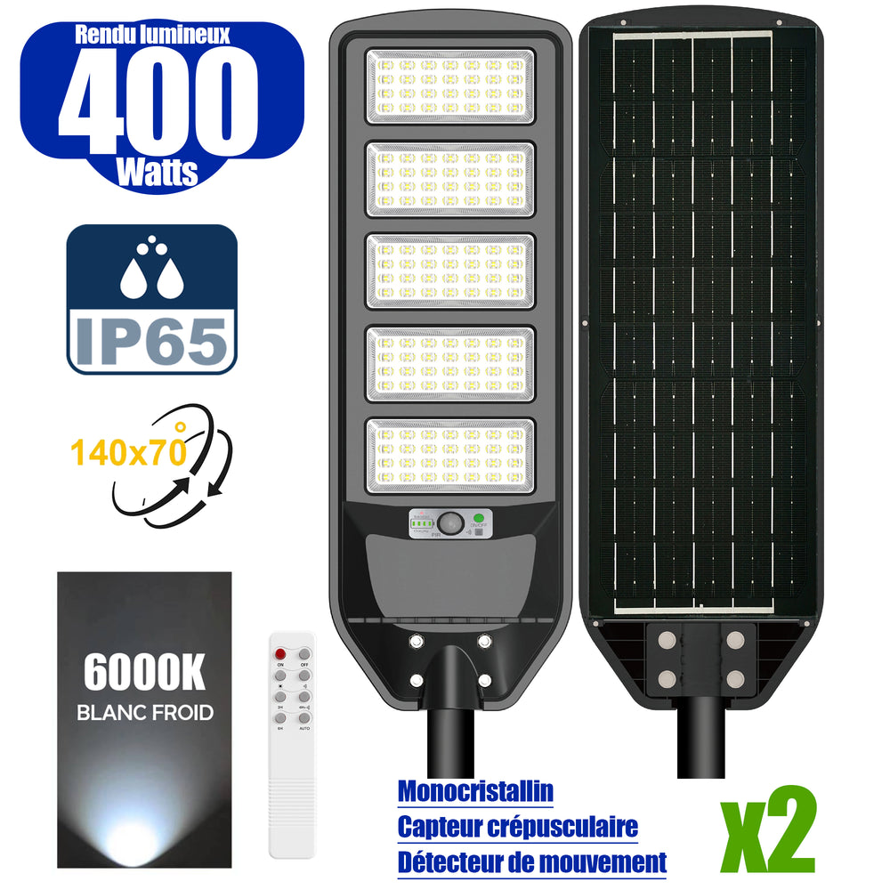 Pack de 2x Solaires - Luminaire LED pour Candélabre / Lampe de rue et parking - Série VIEW V2 - 400 Watts - 2700 Lumens - Angle 140*70° - Lampe 72 x 25 x 5 cm - Panneau MONOCRISTALLIN - 61 x 23 cm - Détecteur de mouvement - 6000k - Tube d'insertion 45mm