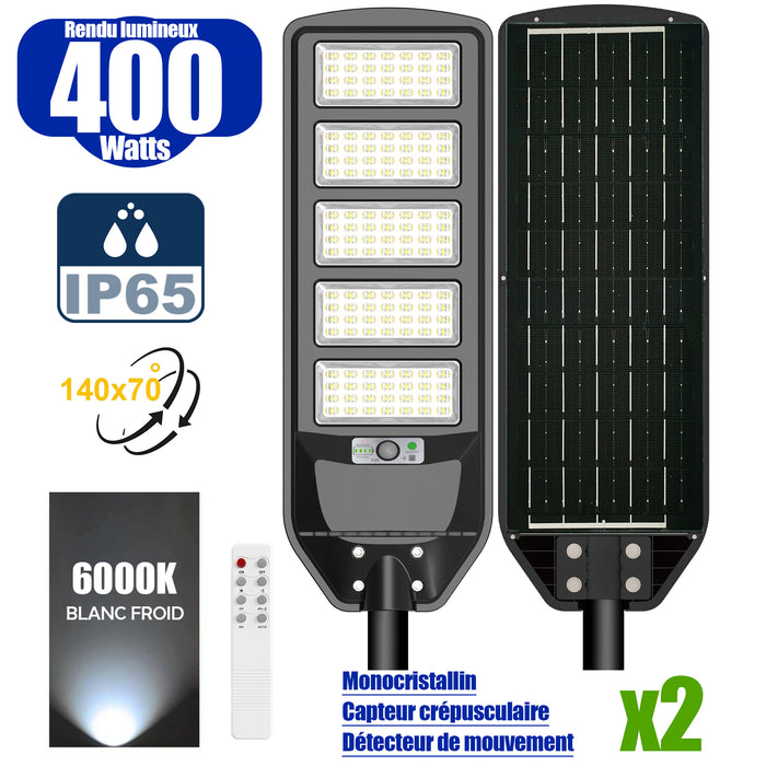 Pack de 2x Solaires - Luminaire LED pour Candélabre / Lampe de rue et parking - Série VIEW V2 - 400 Watts - 2700 Lumens - Angle 140*70° - Lampe 72 x 25 x 5 cm - Panneau MONOCRISTALLIN - 61 x 23 cm - Détecteur de mouvement - 6000k - Tube d'insertion 45mm