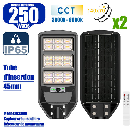 Pack de 2x Luminaires Solaires LED pour Candélabre / Lampe de rue et parking - Série VIEW V3 CCT - 250 Watts - 2100 Lumens - Angle 140*70° - IP65 - Lampe 62 x 25 x 5 cm - Panneau MONOCRISTALLIN 51 x 23 cm - Détecteur de mouvement