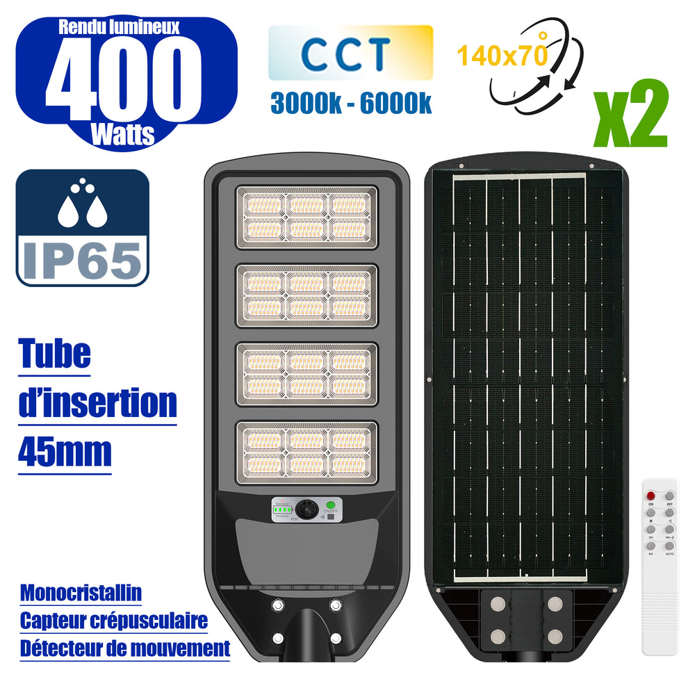 Pack de 2x Luminaires Solaires LED pour Candélabre / Lampe de rue et parking - Série VIEW V3 CCT - 400 Watts - 2700 Lumens - Angle 140*70° - IP65 - Lampe 72 x 25 x 5 cm - Panneau MONOCRISTALLIN 61 x 23 cm - Détecteur de mouvement