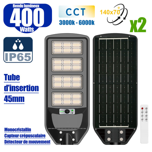 Pack de 2x Luminaires Solaires LED pour Candélabre / Lampe de rue et parking - Série VIEW V3 CCT - 400 Watts - 2700 Lumens - Angle 140*70° - IP65 - Lampe 72 x 25 x 5 cm - Panneau MONOCRISTALLIN 61 x 23 cm - Détecteur de mouvement