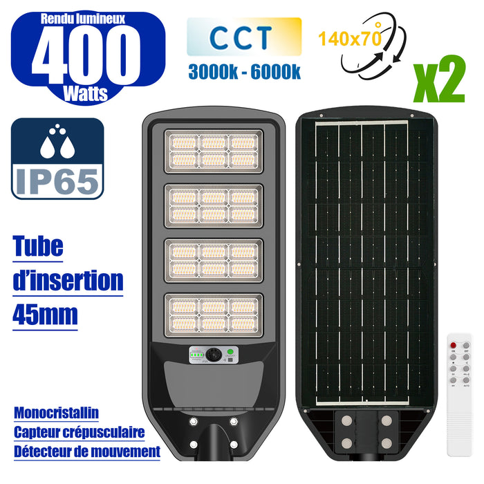 Pack de 2x Luminaires Solaires LED pour Candélabre / Lampe de rue et parking - Série VIEW V3 CCT - 400 Watts - 2700 Lumens - Angle 140*70° - IP65 - Lampe 72 x 25 x 5 cm - Panneau MONOCRISTALLIN 61 x 23 cm - Détecteur de mouvement