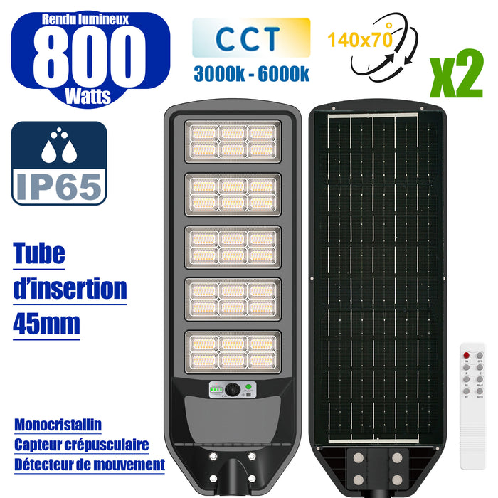 Pack de 2x Luminaires Solaires LED pour Candélabre / Lampe de rue et parking - Série VIEW V3 CCT - 800 Watts - 3500 Lumens - Angle 140*70° - IP65 - Lampe 72 x 25 x 5 cm - Panneau MONOCRISTALLIN 61 x 23 cm - Détecteur de mouvement