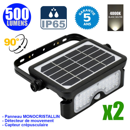 Pack de 2x Projecteurs LED solaires avec détecteur de mouvement - Série SOFT V1 - 500 Lumens - 23 x 15 x 4 cm - Angle 90° - IP65 - 4000k - Panneau solaire MONOCRISTALLIN - Avec détecteur de mouvement - Garantie 5 ans