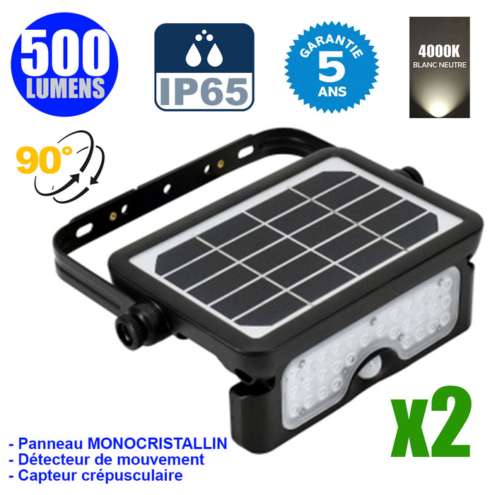 Pack de 2x Projecteurs LED solaires avec détecteur de mouvement - Série SOFT V1 - 500 Lumens - 23 x 15 x 4 cm - Angle 90° - IP65 - 4000k - Panneau solaire MONOCRISTALLIN - Avec détecteur de mouvement - Garantie 5 ans
