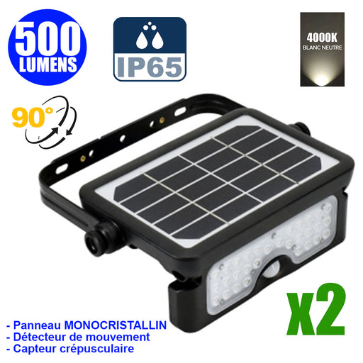 Pack de 2x Projecteurs LED solaires avec détecteur de mouvement - Série SOFT V1 - 500 Lumens - 23 x 15 x 4 cm - Angle 90° - IP65 - 4000k - Panneau solaire MONOCRISTALLIN - Avec détecteur de mouvement