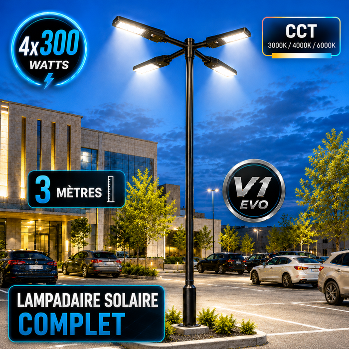 Pack lampadaire solaire complet quadruple tête 3/4/5/6 mètres au choix : 4x Lampes solaires - Série STREET EVO V2 CCT + Mât STANDARD V1 EVO + Adaptateur quadruple tête de mât + 4x Adaptateurs ajustables 80/50mm