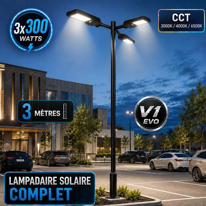 Pack lampadaire solaire complet triple tête 3/4/5/6 mètres au choix : 3x Lampes solaires - Série STREET EVO V2 CCT + Mât STANDARD V1 EVO + Adaptateur triple tête de mât + 3x Adaptateurs ajustables 80/50mm