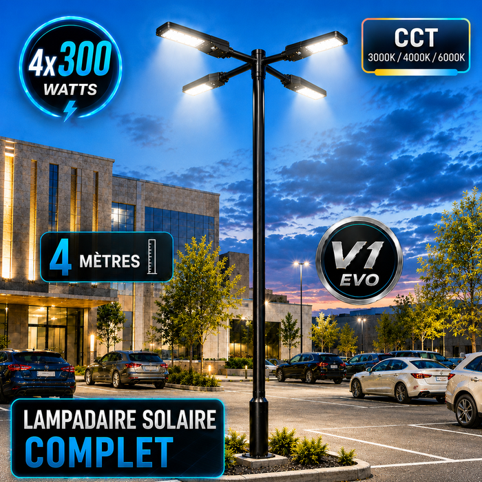 Pack lampadaire solaire complet quadruple tête 3/4/5/6 mètres au choix : 4x Lampes solaires - Série STREET EVO V2 CCT + Mât STANDARD V1 EVO + Adaptateur quadruple tête de mât + 4x Adaptateurs ajustables 80/50mm
