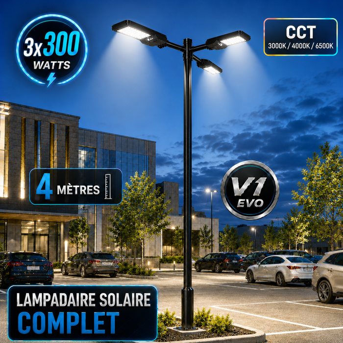 Pack lampadaire solaire complet triple tête 3/4/5/6 mètres au choix : 3x Lampes solaires - Série STREET EVO V2 CCT + Mât STANDARD V1 EVO + Adaptateur triple tête de mât + 3x Adaptateurs ajustables 80/50mm