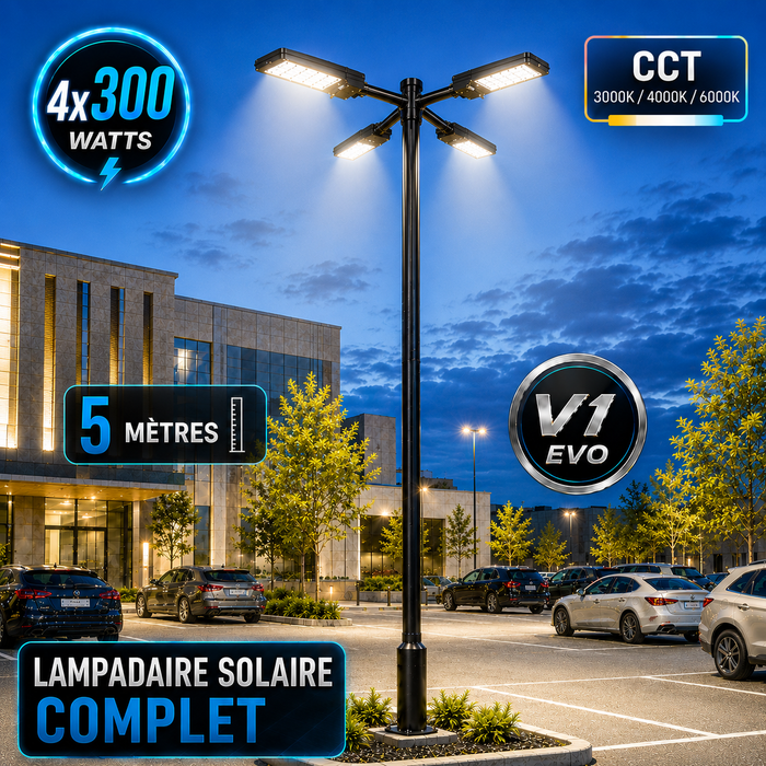 Pack lampadaire solaire complet quadruple tête 3/4/5/6 mètres au choix : 4x Lampes solaires - Série STREET EVO V2 CCT + Mât STANDARD V1 EVO + Adaptateur quadruple tête de mât + 4x Adaptateurs ajustables 80/50mm