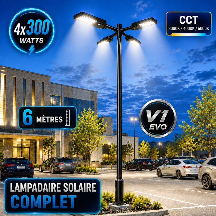 Pack lampadaire solaire complet quadruple tête 3/4/5/6 mètres au choix : 4x Lampes solaires - Série STREET EVO V2 CCT + Mât STANDARD V1 EVO + Adaptateur quadruple tête de mât + 4x Adaptateurs ajustables 80/50mm