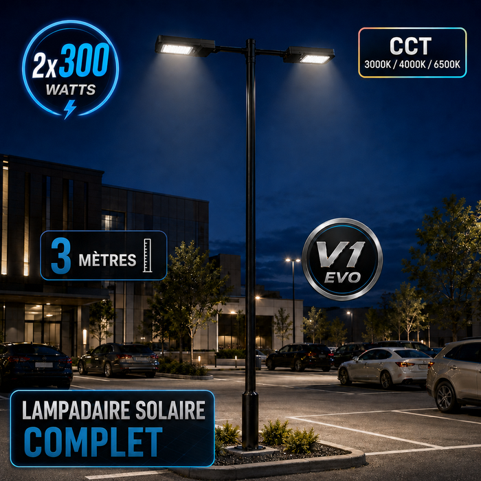 Pack lampadaire solaire complet double tête 3/4/5/6 mètres au choix : 2x Lampes solaires - Série STREET EVO V2 CCT + Mât STANDARD V1 EVO + Adaptateur double tête de mât + 2x Adaptateurs ajustables 80/50mm
