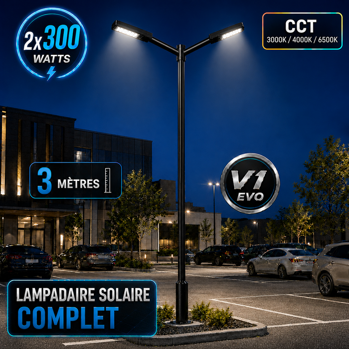 Pack lampadaire solaire complet double tête 3/4/5/6 mètres au choix : 2x Lampes solaires - Série STREET EVO V2 CCT + Mât STANDARD V1 EVO + Adaptateur double tête de mât + 2x Adaptateurs ajustables 80/50mm