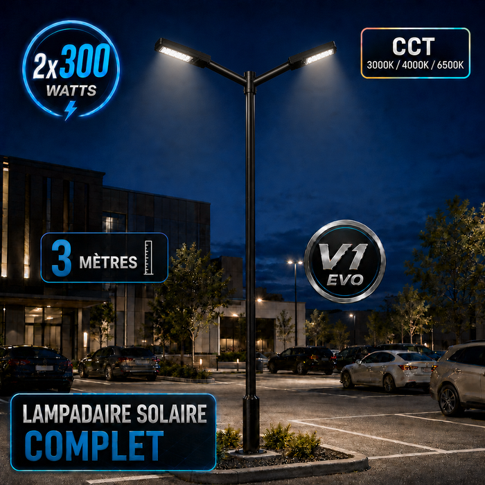 Pack lampadaire solaire complet double tête 3/4/5/6 mètres au choix : 2x Lampes solaires - Série STREET EVO V2 CCT + Mât STANDARD V1 EVO + Adaptateur double tête de mât + 2x Adaptateurs ajustables 80/50mm