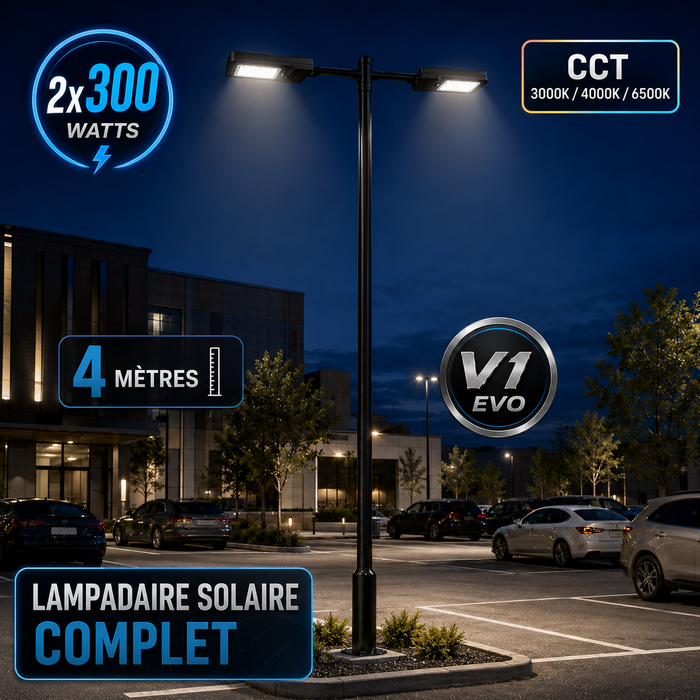 Pack lampadaire solaire complet double tête 3/4/5/6 mètres au choix : 2x Lampes solaires - Série STREET EVO V2 CCT + Mât STANDARD V1 EVO + Adaptateur double tête de mât + 2x Adaptateurs ajustables 80/50mm