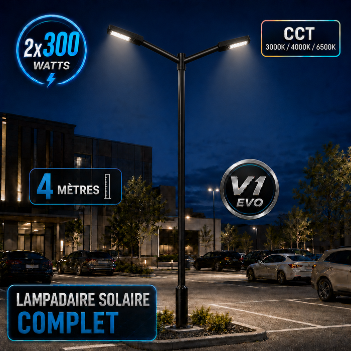 Pack lampadaire solaire complet double tête 3/4/5/6 mètres au choix : 2x Lampes solaires - Série STREET EVO V2 CCT + Mât STANDARD V1 EVO + Adaptateur double tête de mât + 2x Adaptateurs ajustables 80/50mm