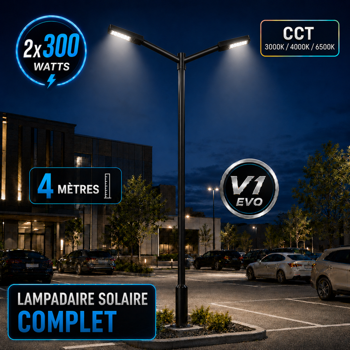 Pack lampadaire solaire complet double tête 3/4/5/6 mètres au choix : 2x Lampes solaires - Série STREET EVO V2 CCT + Mât STANDARD V1 EVO + Adaptateur double tête de mât + 2x Adaptateurs ajustables 80/50mm