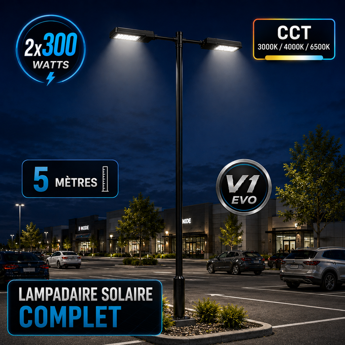 Pack lampadaire solaire complet double tête 3/4/5/6 mètres au choix : 2x Lampes solaires - Série STREET EVO V2 CCT + Mât STANDARD V1 EVO + Adaptateur double tête de mât + 2x Adaptateurs ajustables 80/50mm