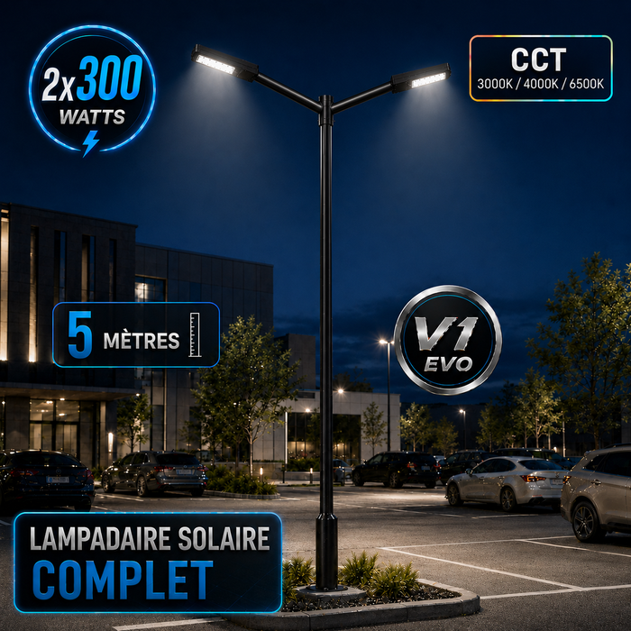 Pack lampadaire solaire complet double tête 3/4/5/6 mètres au choix : 2x Lampes solaires - Série STREET EVO V2 CCT + Mât STANDARD V1 EVO + Adaptateur double tête de mât + 2x Adaptateurs ajustables 80/50mm
