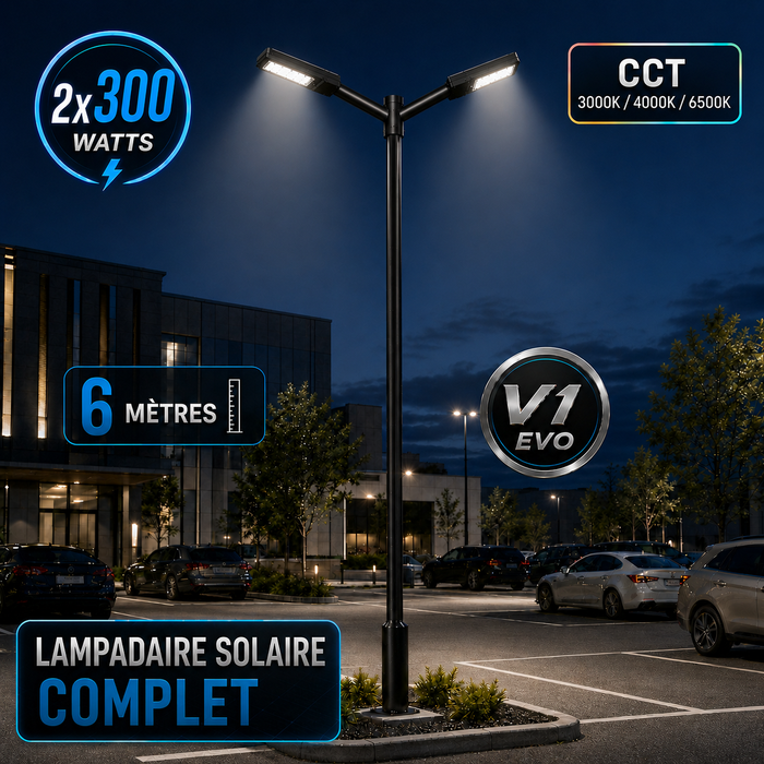 Pack lampadaire solaire complet double tête 3/4/5/6 mètres au choix : 2x Lampes solaires - Série STREET EVO V2 CCT + Mât STANDARD V1 EVO + Adaptateur double tête de mât + 2x Adaptateurs ajustables 80/50mm