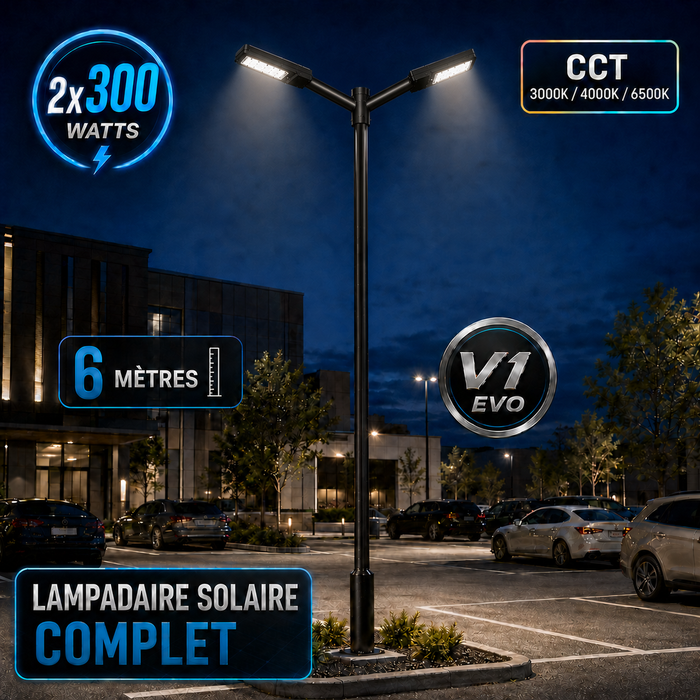 Pack lampadaire solaire complet double tête 3/4/5/6 mètres au choix : 2x Lampes solaires - Série STREET EVO V2 CCT + Mât STANDARD V1 EVO + Adaptateur double tête de mât + 2x Adaptateurs ajustables 80/50mm