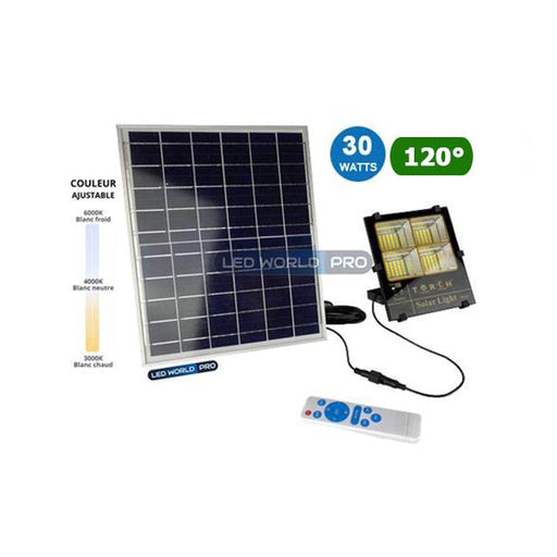 Projecteur LED solaire - Série AJUST - Couleur éclairage AJUSTABLE - 30 Watts - Angle 120° - Lampe 175 x 155 x 40 mm - Panneau 235 x 350 x 17 mm - IP65 - Télécommande