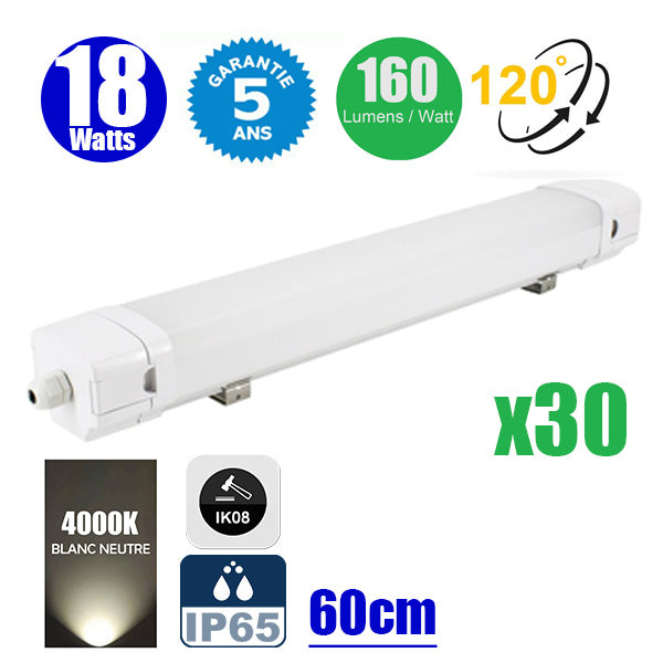 Pack de 30x Réglettes LED Étanches - Série ALR - 60CM - 18 Watts - 2790 Lumens - 160 Lumens/Watt - Angle 120° - IP65 - Protection à l'impact IK08 - 62 x 8 x 7 cm - 4000K - Branchement en série possible - Garantie 5 ans