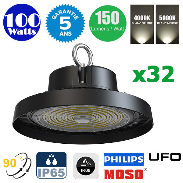 Pack de 32x Lampes industrielles UFO - Série AVENIR - 100 Watts - 15 000 Lumens - 150 Lumens/Watt - Angle 90° - IP65 - IK08 - 26 x 16 cm - Transformateur MOSO - 4000k / 5000k - Garantie 5 ans