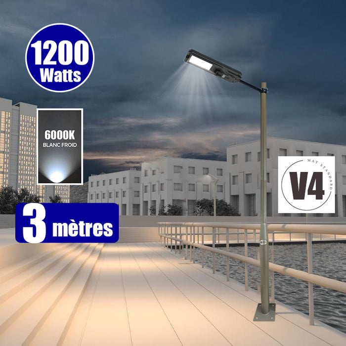 Pack lampadaire solaire complet 3/4/5/6 mètres au choix : Lampe solaire Série STARSHIP + Mât EVO - Entraxe des trous 200mm - Noir
