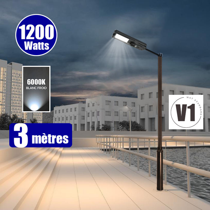 Pack lampadaire solaire complet 3/4/5/6 mètres au choix : Lampe solaire Série STARSHIP + Mât EVO - Entraxe des trous 200mm - Noir