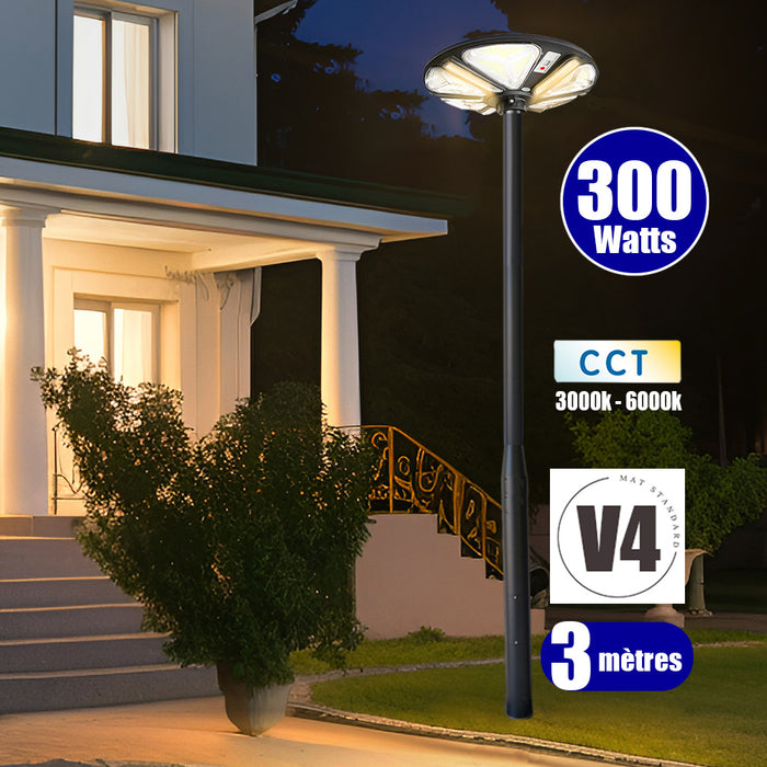Pack lampadaire solaire complet 3/4/5/6 mètres au choix : Lampe solaire Série OVNI TRICOLORE + Mât EVO - Entraxe des trous 200mm - Noir